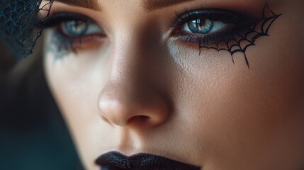 Woman with artistic spider web makeup and dark lipstick for Halloween celebration. Spooky and creative costume idea for festive event.