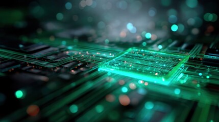 Close up view of futuristic microchip with green glowing circuit. Technology background for digital data processing and AI concept.