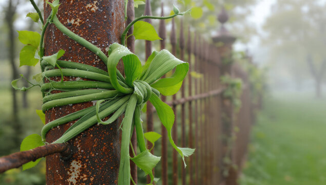 A vibrant green plant forms a decorative knot around a heavily rusted metal fence post, set against a misty, blurred natural backdrop.