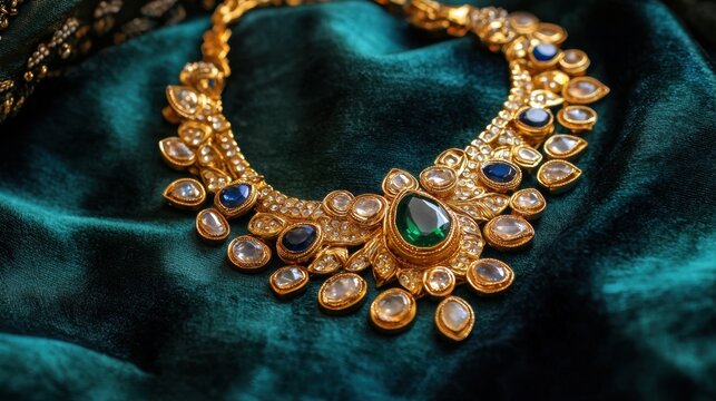 Gold necklace with emerald, kundan and blue stone on green velvet background. Traditional Indian jewelry for wedding and special occasion.