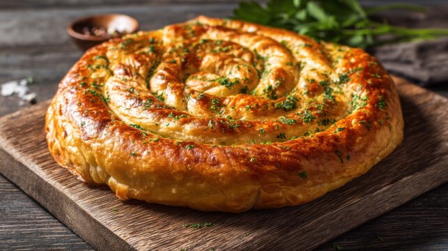 Golden baked pastry pie spiral on a rustic wooden board. Delicious homemade savory snack or meal for food blog. - Powered by Adobe