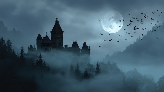 Haunted castle on a misty night with bats flying across a full moon. Spooky scene for Halloween and horror-themed storytelling.