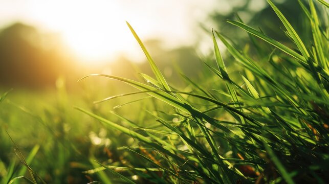 Close up of green grass backlight by sunset. Abstract lawn texture background for nature and growth concept. Fresh plant in spring.