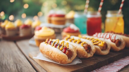 Hot dog with ketchup and mustard on a wooden board. Backyard barbecue party scene with picnic food. American holiday celebration concept.