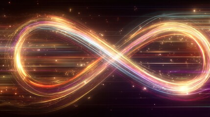 Light trails forming an infinity symbol and glowing particles. Abstract concept of infinite energy and technology communication.