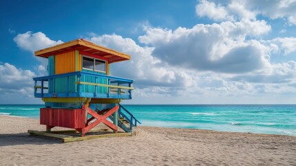 Colorful lifeguard stand on a sandy beach with turquoise ocean. Iconic Miami beach scene for travel promotion and summer tourism.