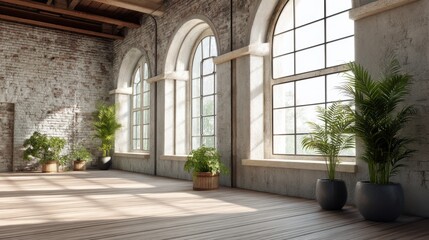 Empty loft room with large arched windows and potted plants and wooden flooring illuminated by natural light for interior design or event space.