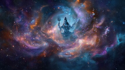 Lord shiva, a Hindu deity, meditating in lotus position in a colorful cosmic nebula with stars, representing creation and destruction.
