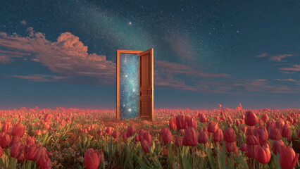 An open wooden door in a field of red tulips reveals a dazzling starry cosmos, a celestial portal under a twilight sky.