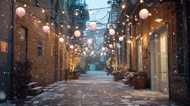 Narrow alley decorated with string lights and paper lanterns during a cozy snowfall. Winter city street or festival celebration. Christmas or New Year concept. - Powered by Adobe