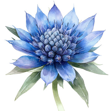 Sea Holly Flower, graceful vector watercolor painting with soft flowing strokes and subtle highlights, isolated on a white background.