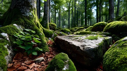 Enchanted forest path with lush green moss covered rocks and sun-dappled trees