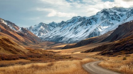 Dirt road winds through a wide valley with arid grass leading towards snow-capped mountain range under a cloudy sky. Majestic nature scene for travel.
