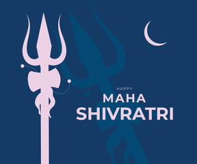 Maha Shivratri hindu celebration banner. Creative hinduism greeting card for web design. Trident, moon, text on blue background. Vector illustration