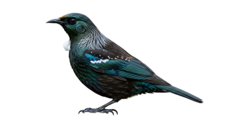 Tui bird, with iridescent green-blue feathers and white throat tuft, isolated on a transparent background, cutout, PNG