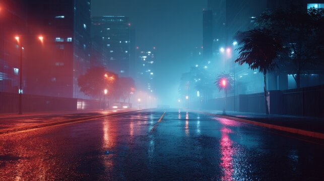 Empty glowing metropolitan street at night or in the fog, city skyline with vibrant neon lights and wet road, urban cityscape background for cyberpunk aesthetic