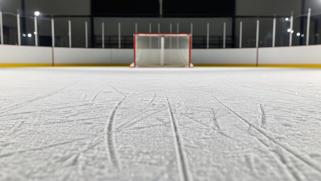 Empty ice hockey rink with red goal net and smooth surface