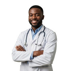 Fototapeta premium Smiling black male doctor with stethoscope isolated on transparent background