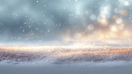 Naklejka premium Winter magic with falling snow and sparkling bokeh. Frozen ground covered by glittering frost. Elegant Christmas background for greeting card.