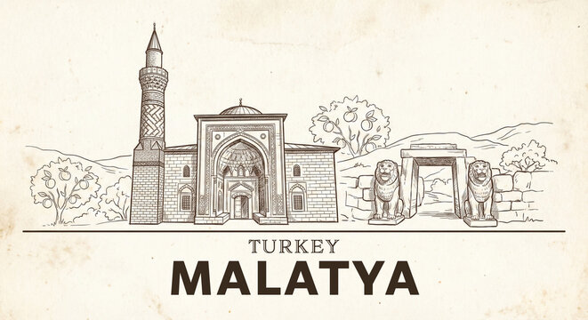 Malatya City Skyline Vintage Line Art Sketch - Battalgazi Mosque and Arslantepe