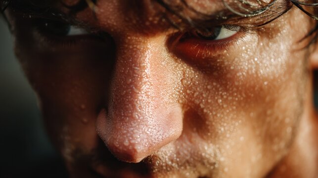 Close up of man face covered in sweat. Intensity and effort during physical activity. Concept for sport and fitness advertising material.