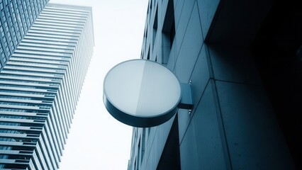 Low angle view of a blank circular sign mounted on a modern building facade against skyscrapers