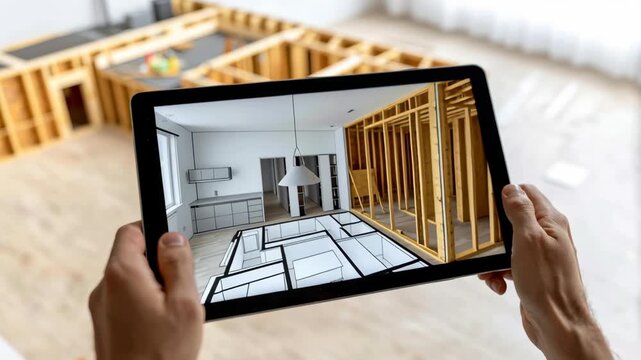 Augmented reality home design planning with digital overlay floor plan tablet, hands guide renovation and modern kitchen layout amid wood frame