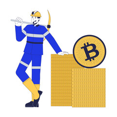 Bitcoin mining 2D illustration concept. Digital crypto accumulation profitability. Cryptocurrency miner with coins and pickaxe cartoon character isolated on white. Flat abstract vector metaphor