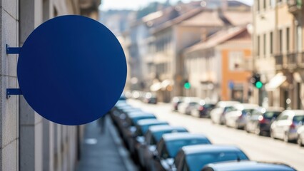Blank blue circular sign mounted on a building wall on a city street with parked cars