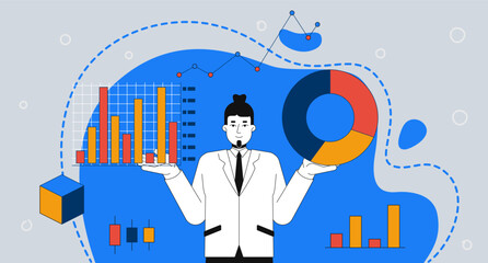 Data analyst with business charts 2D mixed media illustration. Caucasian male statistician holding barchart and piechart cartoon conceptual collage art. Vector flat concept on color background