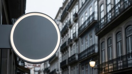 Blank circular sign mockup with illuminated border on a blurred historic european street background