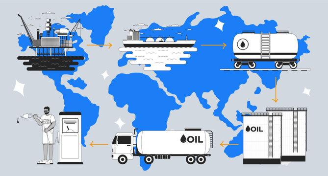 Global oil supply chain 2D mixed media illustration. Offshore drilling. Crude transport. Fuel distribution over world map cartoon conceptual collage art. Vector flat concept on color background