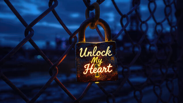 A glowing padlock engraved with 'Unlock My Heart' hangs on a rustic chain-link fence against a dark, moody blue background, symbolizing love and longing.
