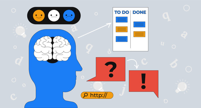 Mental health and productivity 2D mixed media illustration. Emotional wellbeing and EQ. Daily mood tracker. Task management cartoon conceptual collage art. Vector flat concept on color background - Powered by Adobe