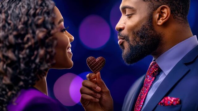 Romantic couple smile with heart chocolate purple bokeh, elegant attire closeup portrait and tender moment love gesture for date night, joyful vibe