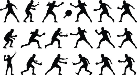 Extensive set of fifty-four black human silhouettes jumping and leaping in various dynamic poses, symbolizing energy, freedom, joy, activity, movement, success, and fitness.