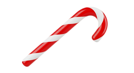 Red and white striped candy cane, with a curved hook shape, isolated on a transparent background, cutout, PNG