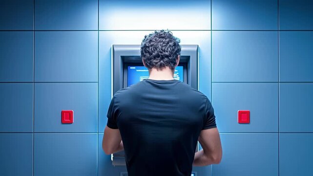 Man male adult back view short hair t shirt black shirt alone atm machine blue light modern bank wall night scene secure transaction urban finance