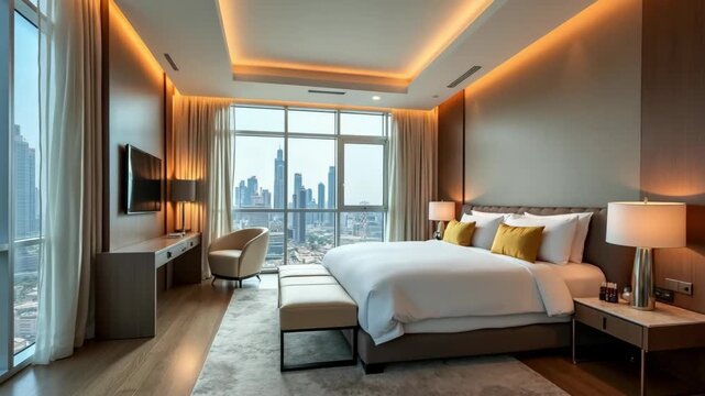 Luxury Hotel Room or Apartment, City View, Dubai Skyline, Modern Interior Design, Bedroom, Large Window.