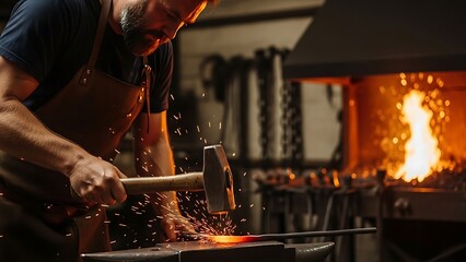 Blacksmith Man Forging Hot Metal in Industrial Workshop with Sparks Flying