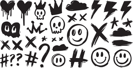 Graffiti spray paint icons set- arrows, skulls, crowns, stars, hearts, clouds & lightning with drips, splatters & grunge texture — urban street art vector elements