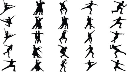 Set of twenty-five black silhouettes depicting diverse figure skaters and dancing couples, symbolizing ice dance, sport, elegance, performance, romance, ballet, and movement.