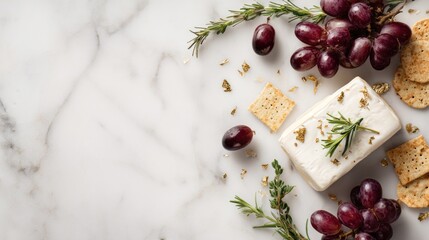 Top view of brie cheese with grapes, rosemary, and crackers on marble table