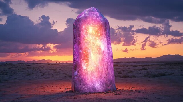 Glowing purple crystal monolith standing in desert sand during dramatic sunset sky mysterious magic stone obelisk fantasy sci fi background backdrop spiritual energy concept