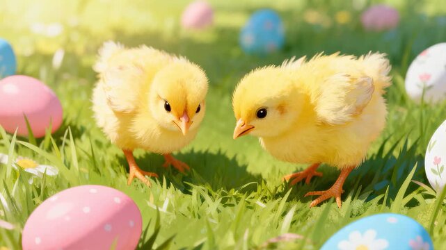  two fluffy yellow chicks on a vibrant green lawn, surrounded by colorful pastel Easter eggs (pink, blue, decorated), creating a cheerful, lively, and festive spring holiday scene