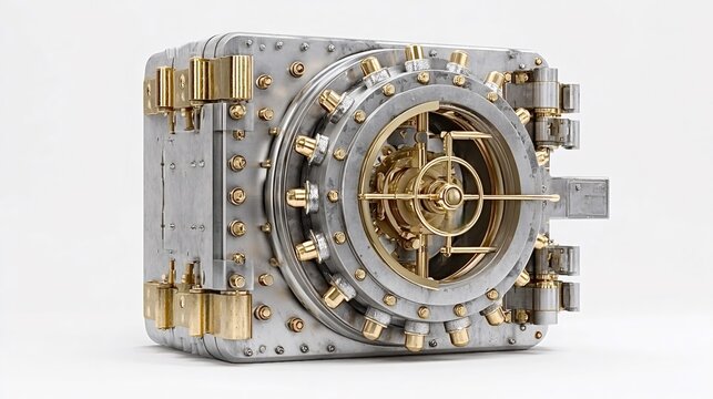 Robust silver and gold bank vault on white background symbolizing secure storage of assets, financial protection, investment safety, and trusted wealth security systems