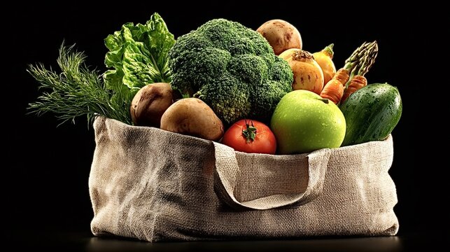 Reusable shopping bag carrying fresh, vibrant vegetables and fruits, promoting healthy eating, sustainability, and organic produce against a dark background