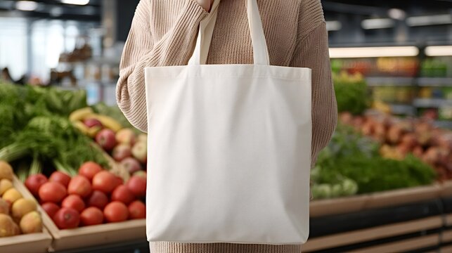 Woman stands in supermarket produce aisle holding an empty white canvas tote bag, promoting reusable shopping, sustainable lifestyle and fresh organic groceries with copy space - Powered by Adobe