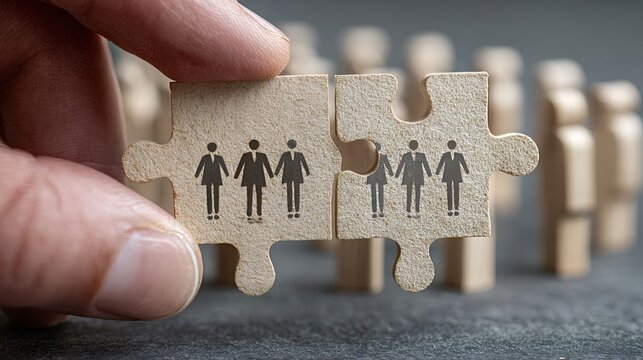 Human hand joining two puzzle pieces printed with stick figure people, symbolizing teamwork, inclusion, collaboration and connection in community, business and hr contexts