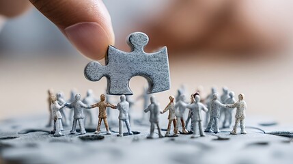Human hand placing the last puzzle piece into a larger puzzle, symbolizing collaboration, solution finding, teamwork, and the integration of a new member into a diverse community of miniature people